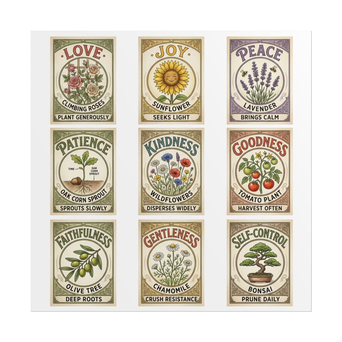 Botanical Virtues Wall Art Rolled Posters | Floral Seed Packet Illustrations
