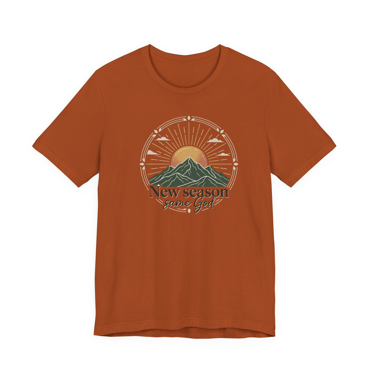 New Season Same God T-Shirt | Sunrise Mountain Faith Tee