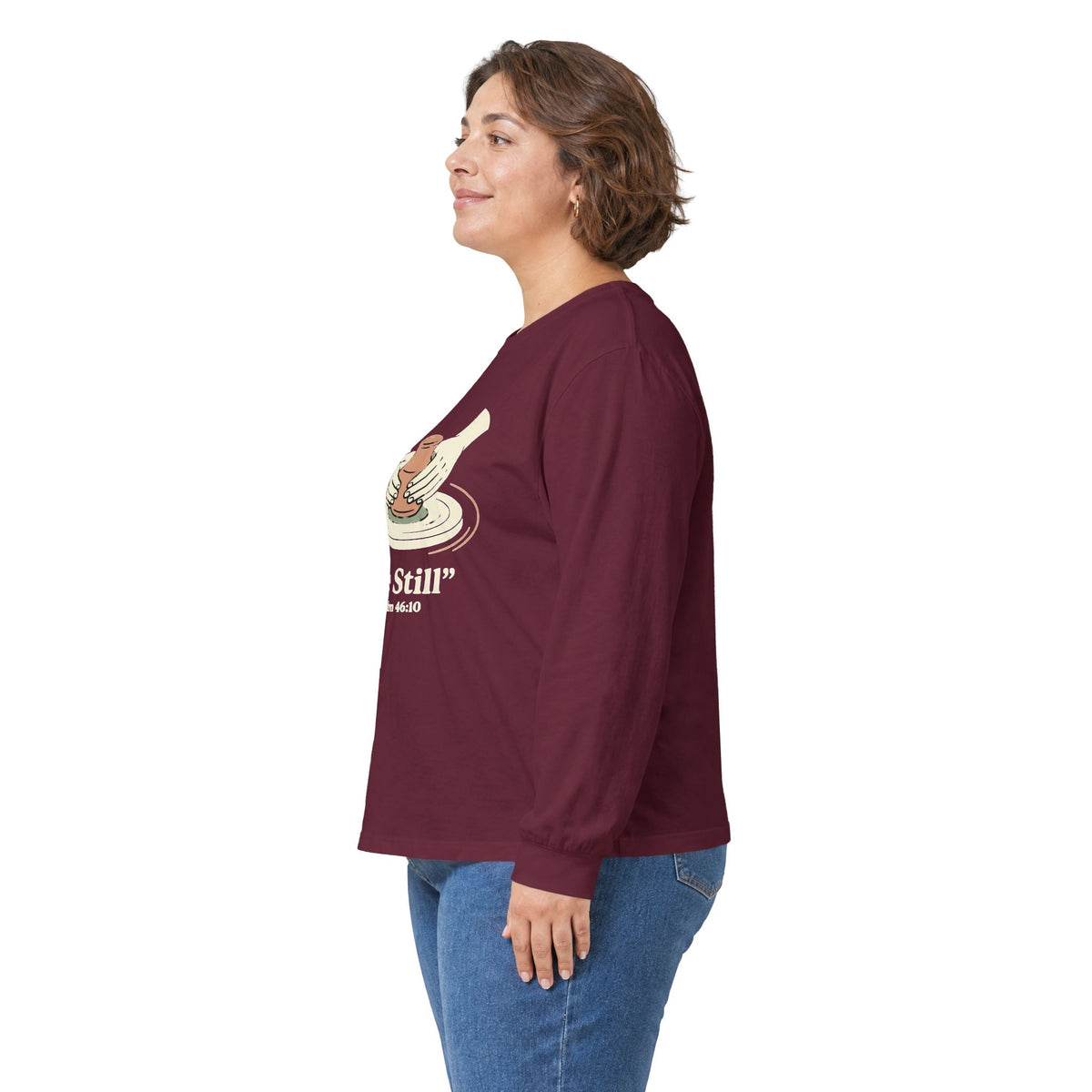 Be Still pottery hands illustration Long Sleeve Tee | Psalm 46:10 scripture apparel