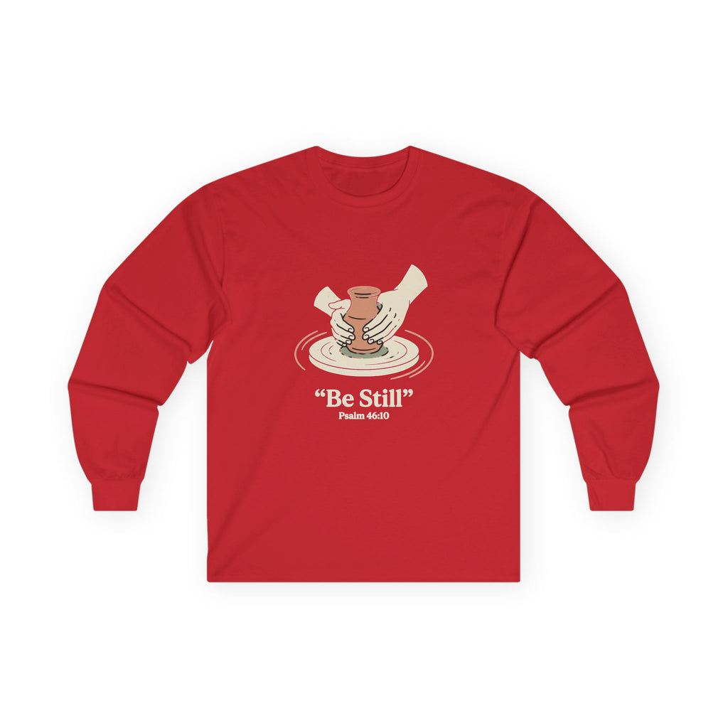 Be Still pottery hands illustration Long Sleeve Tee | Psalm 46:10 scripture apparel