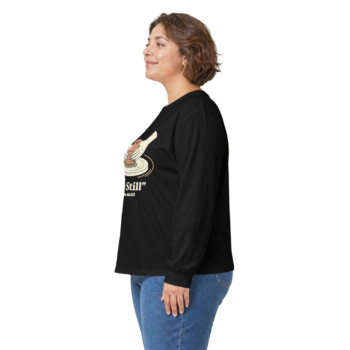 Be Still pottery hands illustration Long Sleeve Tee | Psalm 46:10 scripture apparel