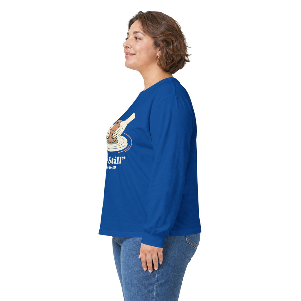 Be Still pottery hands illustration Long Sleeve Tee | Psalm 46:10 scripture apparel