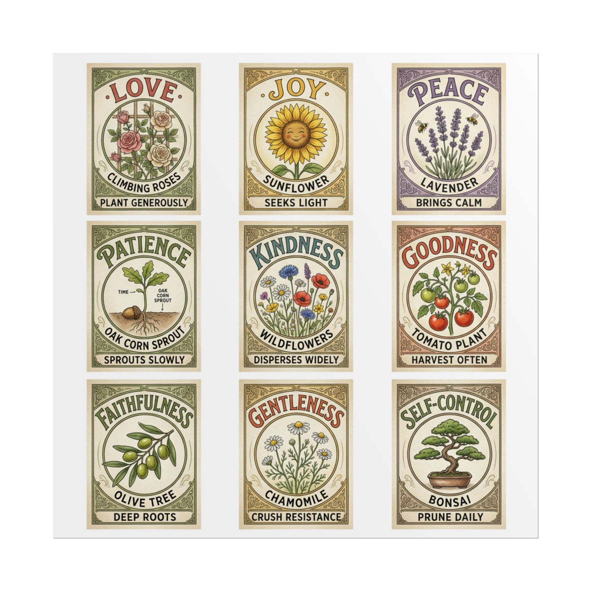 Botanical Virtues Wall Art Rolled Posters | Floral Seed Packet Illustrations