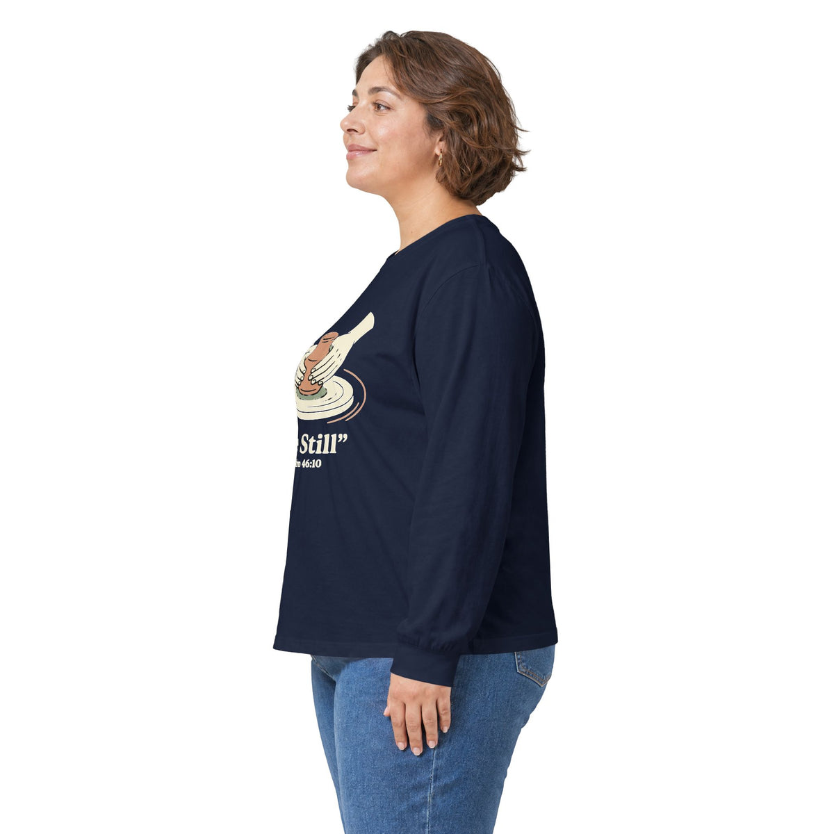 Be Still pottery hands illustration Long Sleeve Tee | Psalm 46:10 scripture apparel